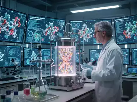 Ein Wissenschaftler in einem futuristischen Labor beobachtet einen Bioreaktor, umgeben von Bildschirmen mit Proteinstrukturen und KI-Daten. - Foto: über boerse-global.de