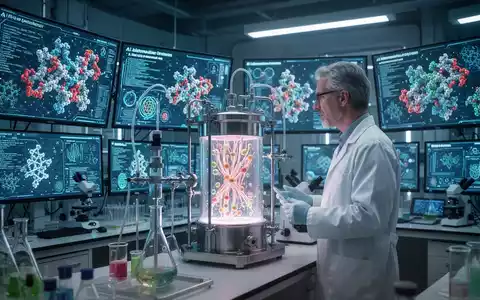 Ein Wissenschaftler in einem futuristischen Labor beobachtet einen Bioreaktor, umgeben von Bildschirmen mit Proteinstrukturen und KI-Daten. - Foto: über boerse-global.de