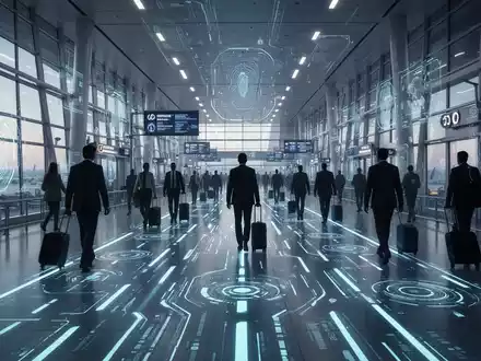 Futuristischer Flughafenterminal mit leuchtenden digitalen Wegen und biometrischen Scan-Schnittstellen. - Foto: über boerse-global.de