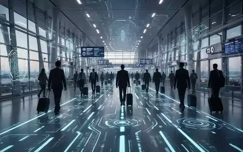 Futuristischer Flughafenterminal mit leuchtenden digitalen Wegen und biometrischen Scan-Schnittstellen. - Foto: über boerse-global.de