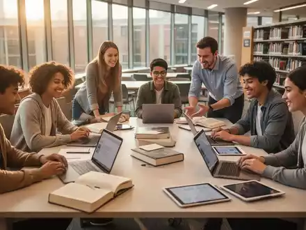 Studenten und Dozenten arbeiten in einem Workshop an einem Tisch in einer modernen Bibliothek mit Laptops, Büchern und Tablets. - Foto: über boerse-global.de