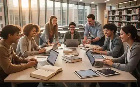 Studenten und Dozenten arbeiten in einem Workshop an einem Tisch in einer modernen Bibliothek mit Laptops, Büchern und Tablets. - Foto: über boerse-global.de
