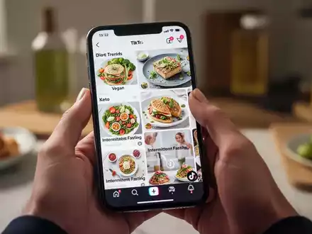 Ein Smartphone zeigt einen TikTok-Feed mit verschiedenen Diät-Trends wie vegan, Keto und Intervallfasten. Hände halten das Telefon. - Foto: über boerse-global.de