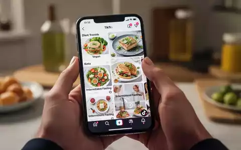 Ein Smartphone zeigt einen TikTok-Feed mit verschiedenen Diät-Trends wie vegan, Keto und Intervallfasten. Hände halten das Telefon. - Foto: über boerse-global.de