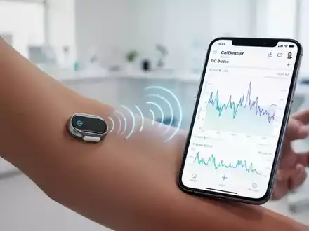Ein Arm mit einem modernen Glukosemonitor-Sensor, der Daten an ein Smartphone sendet, das eine Blutzuckerkurve anzeigt. - Foto: über boerse-global.de