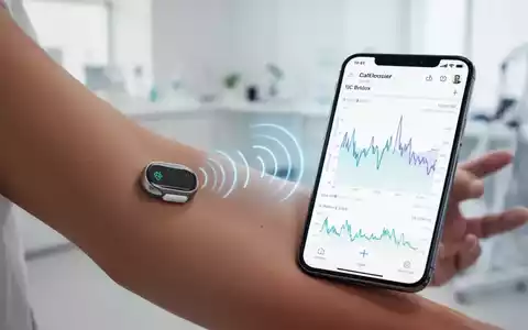 Ein Arm mit einem modernen Glukosemonitor-Sensor, der Daten an ein Smartphone sendet, das eine Blutzuckerkurve anzeigt. - Foto: über boerse-global.de