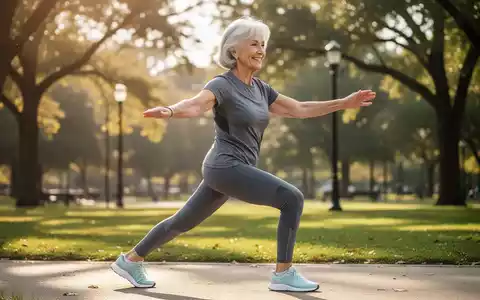 Eine lächelnde ältere Frau in Sportkleidung macht Übungen in einem sonnigen Park, symbolisiert Fitness im Alter. - Foto: über boerse-global.de