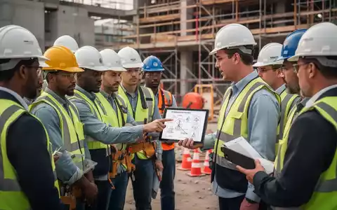 Bauarbeiter in Schutzkleidung nehmen an einer Sicherheitsschulung auf einer Baustelle teil, ein Dozent zeigt auf ein Tablet. - Foto: über boerse-global.de