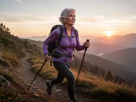 Eine ältere, fitte Frau wandert auf einem malerischen Pfad bei Sonnenaufgang, mit entschlossenem Ausdruck und dynamischer Pose. - Foto: über boerse-global.de