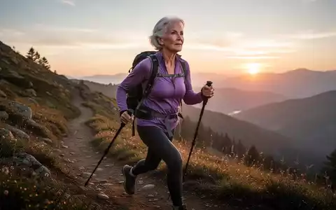 Eine ältere, fitte Frau wandert auf einem malerischen Pfad bei Sonnenaufgang, mit entschlossenem Ausdruck und dynamischer Pose. - Foto: über boerse-global.de