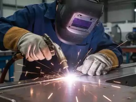 Nahaufnahme der Hände eines Schweißers in Schutzausrüstung, der ein Laser-Schweißgerät bedient. - Foto: über boerse-global.de