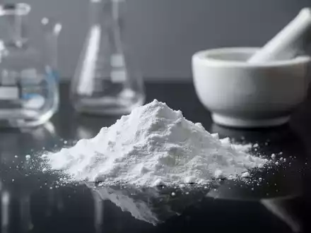 Nahaufnahme eines weißen Pulvers auf einer dunklen Oberfläche mit angedeuteten Laborgeräten im Hintergrund, das Glutathion darstellt. - Foto: über boerse-global.de