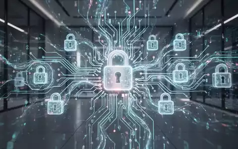 Ein futuristisches Schaltkreis-Design mit leuchtenden Datenströmen und stilisierten Vorhängeschlössern, das Datenschutz und KI-Integration darstellt. - Foto: über boerse-global.de