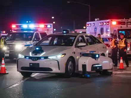 Autonomes Robotaxi hält an einer Unfallstelle, Blaulicht von Polizei und Krankenwagen im Hintergrund. - Foto: über boerse-global.de