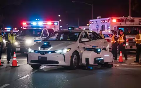 Autonomes Robotaxi hält an einer Unfallstelle, Blaulicht von Polizei und Krankenwagen im Hintergrund. - Foto: über boerse-global.de