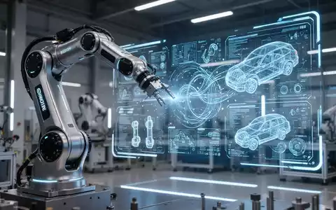 Futuristischer Roboterarm mit blauen Akzenten interagiert mit holografischer Schnittstelle, die Daten und digitale Zwillinge zeigt. - Foto: über boerse-global.de