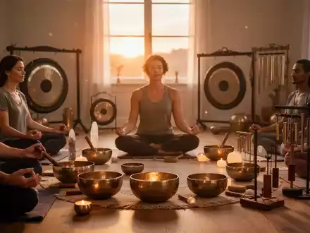 Eine Gruppe von Menschen meditiert in einem friedlichen Raum, umgeben von Klangschalen und Gongs, bei Sonnenaufgangslicht. - Foto: über boerse-global.de