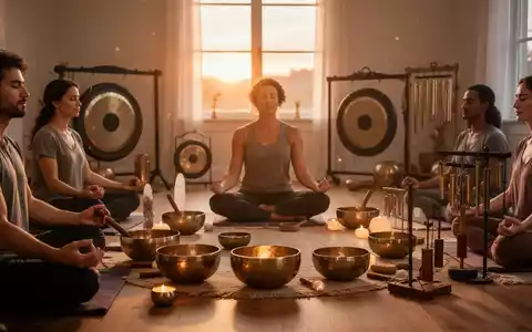 Eine Gruppe von Menschen meditiert in einem friedlichen Raum, umgeben von Klangschalen und Gongs, bei Sonnenaufgangslicht. - Foto: über boerse-global.de