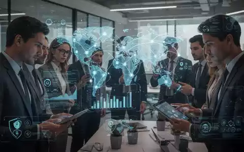 Geschäftsleute in einem modernen Büro, die Technologie nutzen, wobei einige Bildschirme Daten und globale Verbindungen zeigen. Eine Person nutzt diskret ein Tablet. - Foto: über boerse-global.de