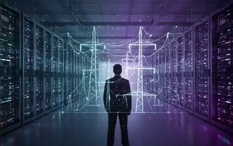 Weitläufiges, modernes Rechenzentrum mit leuchtenden Server-Racks und digitalem Raster. Silhouette betrachtet Stromnetz-Projektion. - Foto: über boerse-global.de