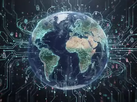 Stilisierte Weltkugel mit digitalen Schaltkreisen und Datenströmen, Symbol für globale KI-Konkurrenz und Regulierungsherausforderungen. - Foto: über boerse-global.de