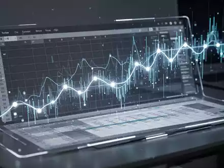 Eine futuristische, leuchtende 3D-Zeitachse, die sich aus einer Tabellenkalkulation auf einem digitalen Display entwickelt. - Foto: über boerse-global.de