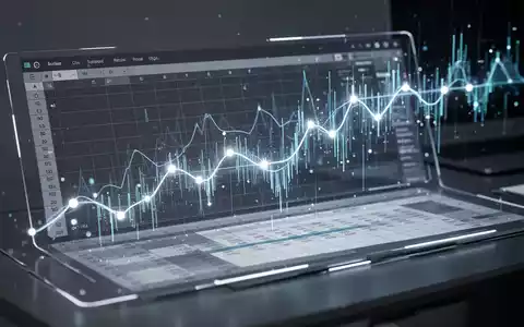 Eine futuristische, leuchtende 3D-Zeitachse, die sich aus einer Tabellenkalkulation auf einem digitalen Display entwickelt. - Foto: über boerse-global.de