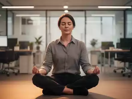 Eine Person meditiert ruhig in einem modernen Büroumfeld, symbolisiert Stressbewältigung und Erholung am Arbeitsplatz. - Foto: über boerse-global.de