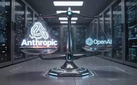 Eine futuristische digitale Waage, die das höhere Gewicht von Anthropic gegenüber OpenAI symbolisiert, mit einem unscharfen Rechenzentrum im Hintergrund. - Foto: über boerse-global.de