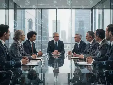 Eine Gruppe von Finanzvorständen in einem modernen Büro diskutiert rechtliche und regulatorische Herausforderungen der Kryptowährungsbranche. - Foto: über boerse-global.de