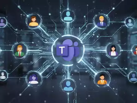 Digitale Darstellung eines sicheren Netzwerks, das verschiedene Benutzersymbole verbindet und externe Zusammenarbeit in Microsoft Teams symbolisiert. - Foto: über boerse-global.de