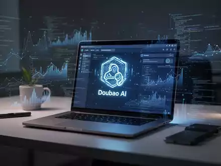 Moderner Schreibtisch mit Laptop, der KI-Software zeigt, umgeben von holografischen Daten- und Code-Projektionen. - Foto: über boerse-global.de
