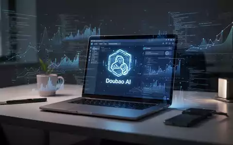 Moderner Schreibtisch mit Laptop, der KI-Software zeigt, umgeben von holografischen Daten- und Code-Projektionen. - Foto: über boerse-global.de