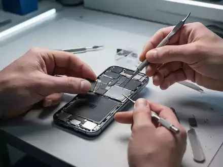Nahaufnahme von Händen, die ein Smartphone mit modularen Komponenten auf einer Werkbank zusammenbauen, symbolisiert Reparierbarkeit. - Foto: über boerse-global.de