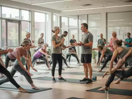 Eine vielfältige Gruppe von Erwachsenen nimmt an einem Gesundheitskurs in einem hellen, modernen Gemeindezentrum teil. - Foto: über boerse-global.de