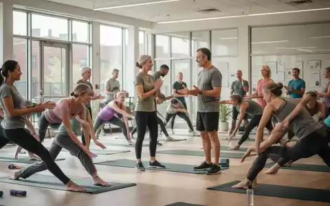 Eine vielfältige Gruppe von Erwachsenen nimmt an einem Gesundheitskurs in einem hellen, modernen Gemeindezentrum teil. - Foto: über boerse-global.de