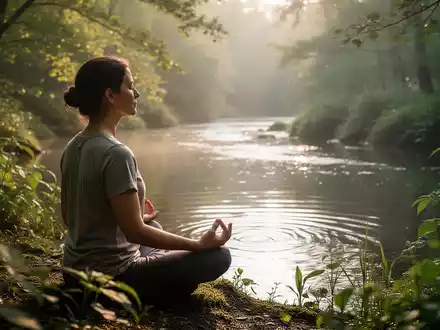 Eine Person meditiert friedlich in einer ruhigen natürlichen Umgebung mit üppigem Grün und sanftem Sonnenlicht. Ein ruhiger See oder Bach im Hintergrund. - Foto: über boerse-global.de
