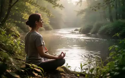 Eine Person meditiert friedlich in einer ruhigen natürlichen Umgebung mit üppigem Grün und sanftem Sonnenlicht. Ein ruhiger See oder Bach im Hintergrund. - Foto: über boerse-global.de