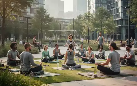 Eine vielfältige Gruppe von Menschen nimmt an einer gemeinschaftlichen Wellness-Aktivität in einem modernen Stadtpark teil. - Foto: über boerse-global.de