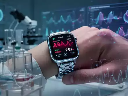 Eine Hand hält eine Smartwatch mit digitaler Gesundheitsanzeige und Blutdruckwerten. Im Hintergrund verschwommene wissenschaftliche Geräte. - Foto: über boerse-global.de