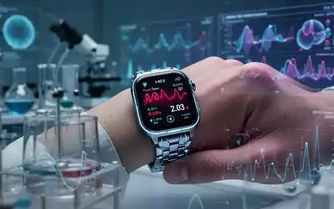 Eine Hand hält eine Smartwatch mit digitaler Gesundheitsanzeige und Blutdruckwerten. Im Hintergrund verschwommene wissenschaftliche Geräte. - Foto: über boerse-global.de