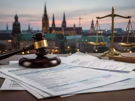 Rechtliche Dokumente und Steuerformulare zur Grunderwerbsteuer, ein Hammer und Waage der Gerechtigkeit vor einer deutschen Stadtkulisse. - Foto: über boerse-global.de