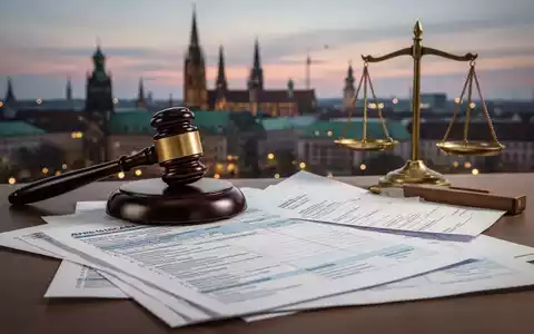 Rechtliche Dokumente und Steuerformulare zur Grunderwerbsteuer, ein Hammer und Waage der Gerechtigkeit vor einer deutschen Stadtkulisse. - Foto: über boerse-global.de