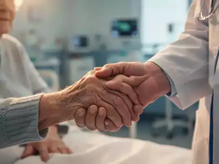 Eine Nahaufnahme zeigt die Hand eines älteren Patienten, die von der Hand eines medizinischen Fachpersonals gehalten wird, als Symbol für Fürsorge. - Foto: über boerse-global.de