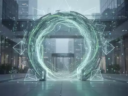 Leuchtendes, abstraktes digitales Portal mit verflochtenen Datenströmen, das unternehmenseigene KI-Plattformen und Datenkontrolle symbolisiert. - Foto: über boerse-global.de