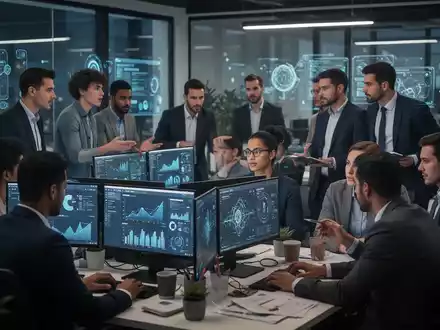 Eine Gruppe konzentrierter Fachleute arbeitet in einem modernen Büro zusammen, einige blicken auf Bildschirme mit Diagrammen. - Foto: über boerse-global.de