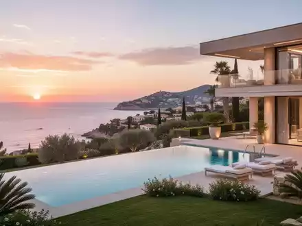 Eine luxuriöse moderne Villa mit Pool und Meerblick auf Mallorca bei Sonnenuntergang, die Exklusivität und Urlaub hervorhebt. - Foto: über boerse-global.de