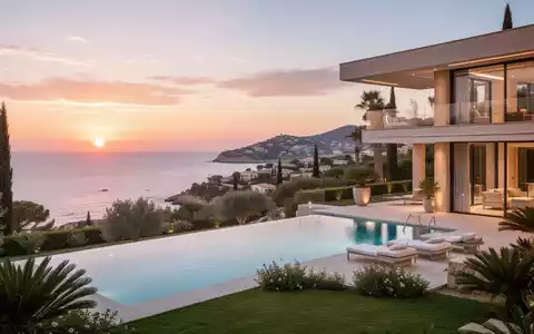 Eine luxuriöse moderne Villa mit Pool und Meerblick auf Mallorca bei Sonnenuntergang, die Exklusivität und Urlaub hervorhebt. - Foto: über boerse-global.de