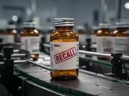 Eine Nahaufnahme einer Medikamentenflasche mit einem 'RECALL'-Stempel auf einem Band in einer pharmazeutischen Produktionsanlage. - Foto: über boerse-global.de
