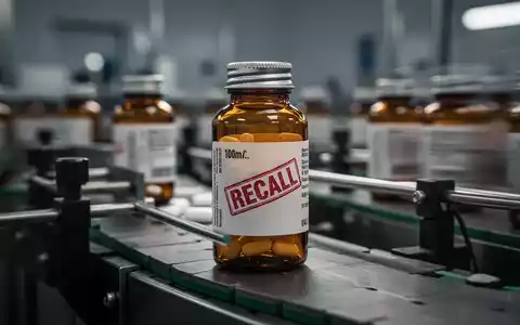 Eine Nahaufnahme einer Medikamentenflasche mit einem 'RECALL'-Stempel auf einem Band in einer pharmazeutischen Produktionsanlage. - Foto: über boerse-global.de